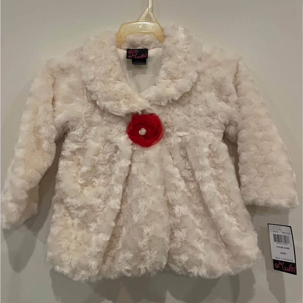 Cream Faux Fur Kids Coat with Red Accent